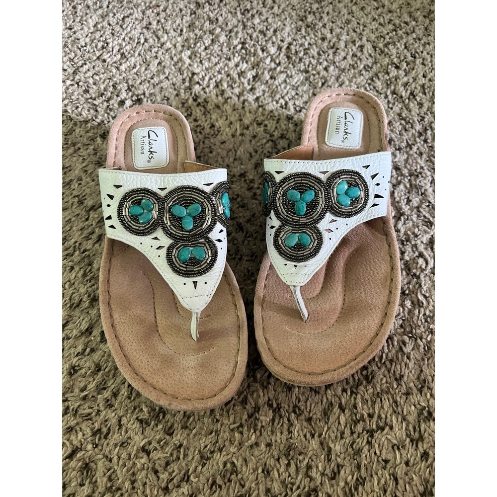 Clarks Women's White Thong Sandals with Turquoise Bead Embellishments